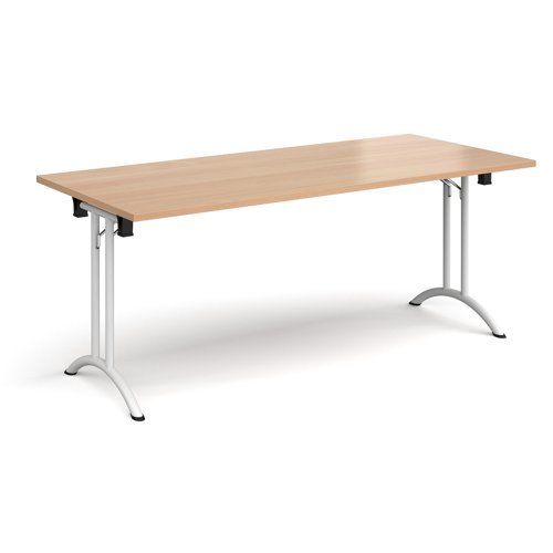 Rectangular folding leg table with white legs and curved foot rails 1800mm x 800mm beech - CFL1800-WH-B