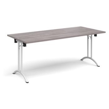 Rectangular folding leg table with white legs and curved foot rails 1800mm x 800mm grey oak - CFL1800-WH-GO
