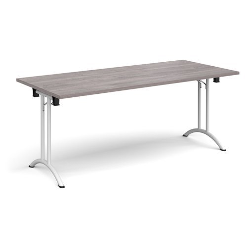 Rectangular folding leg table with white legs and curved foot rails 1800mm x 800mm grey oak - CFL1800-WH-GO