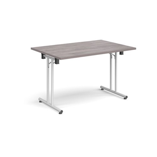 Rectangular folding leg table with white legs and straight foot rails 1200mm x 800mm grey oak - SFL1200-WH-GO