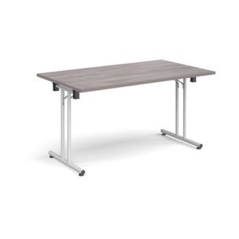 Rectangular folding leg table with white legs and straight foot rails 1400mm x 800mm grey oak - SFL1400-WH-GO