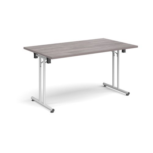 Rectangular folding leg table with white legs and straight foot rails 1400mm x 800mm grey oak - SFL1400-WH-GO