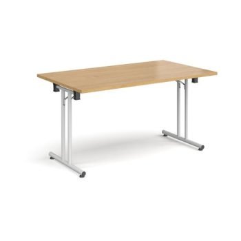 Rectangular folding leg table with white legs and straight foot rails 1400mm x 800mm oak - SFL1400-WH-O