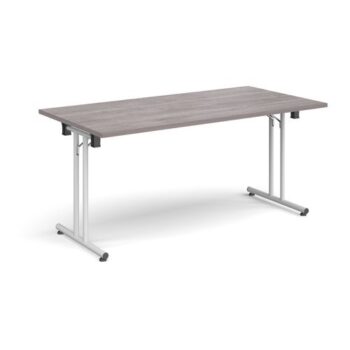 Rectangular folding leg table with white legs and straight foot rails 1600mm x 800mm grey oak - SFL1600-WH-GO