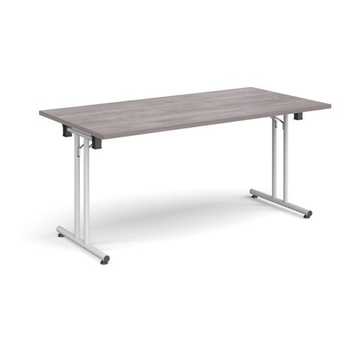 Rectangular folding leg table with white legs and straight foot rails 1600mm x 800mm grey oak - SFL1600-WH-GO