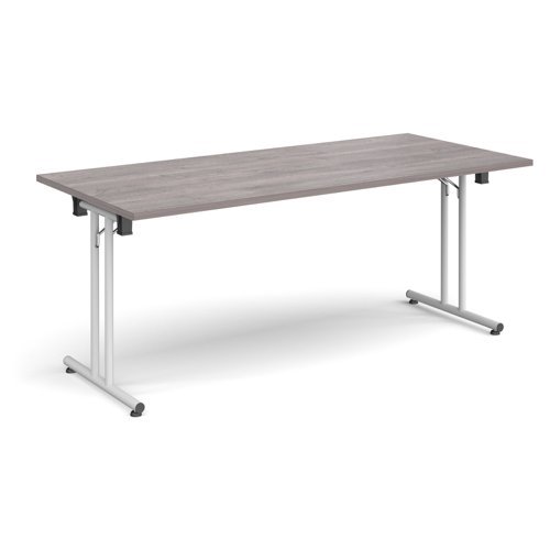 Rectangular folding leg table with white legs and straight foot rails 1800mm x 800mm grey oak - SFL1800-WH-GO