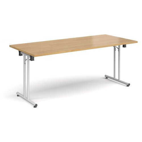 Rectangular folding leg table with white legs and straight foot rails 1800mm x 800mm oak - SFL1800-WH-O