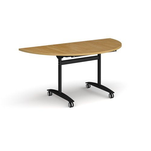 Semi circular deluxe fliptop meeting table with black frame 1600mm x 800mm oak - DFLPS-K-O