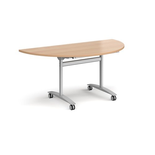 Semi circular deluxe fliptop meeting table with silver frame 1600mm x 800mm beech - DFLPS-S-B