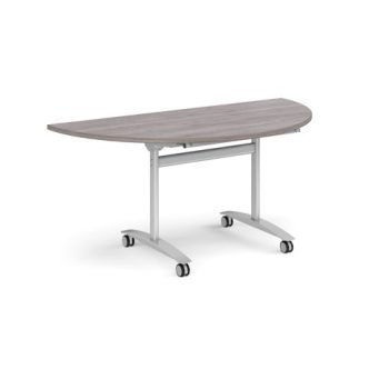 Semi circular deluxe fliptop meeting table with silver frame 1600mm x 800mm grey oak - DFLPS-S-GO