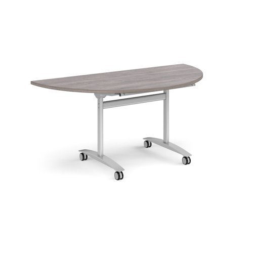 Semi circular deluxe fliptop meeting table with silver frame 1600mm x 800mm grey oak - DFLPS-S-GO