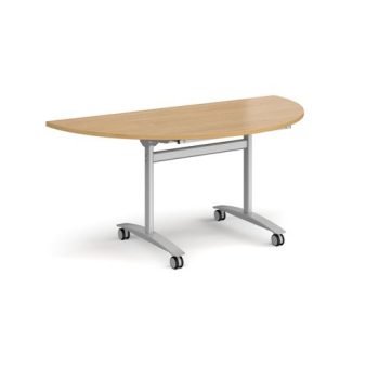 Semi circular deluxe fliptop meeting table with silver frame 1600mm x 800mm oak - DFLPS-S-O