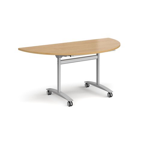 Semi circular deluxe fliptop meeting table with silver frame 1600mm x 800mm oak - DFLPS-S-O