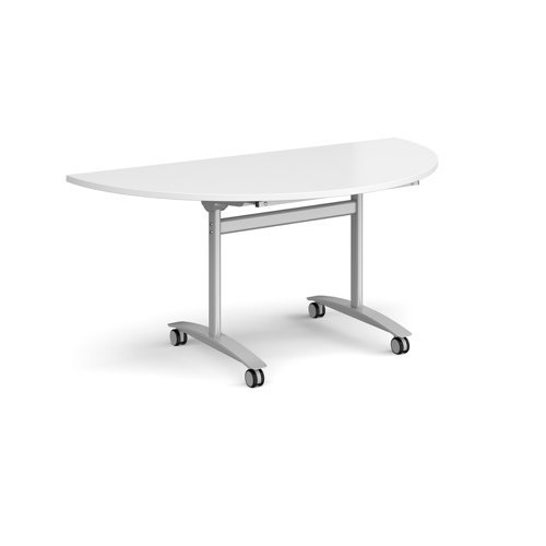 Semi circular deluxe fliptop meeting table with silver frame 1600mm x 800mm white - DFLPS-S-WH