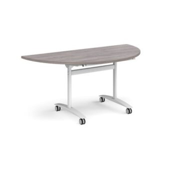 Semi circular deluxe fliptop meeting table with white frame 1600mm x 800mm grey oak - DFLPS-WH-GO