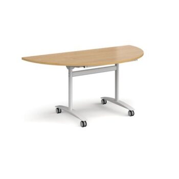 Semi circular deluxe fliptop meeting table with white frame 1600mm x 800mm oak - DFLPS-WH-O