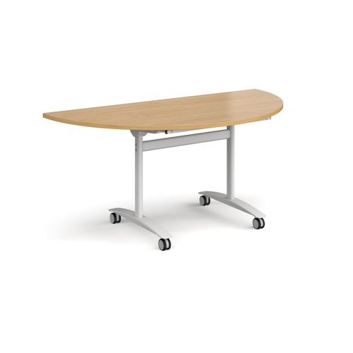 Semi circular deluxe fliptop meeting table with white frame 1600mm x 800mm oak - DFLPS-WH-O
