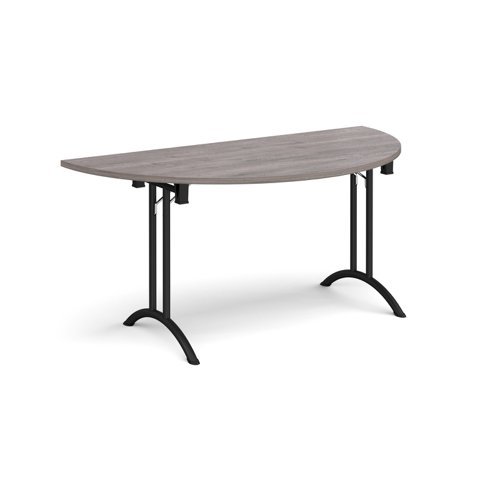 Semi circular folding leg table with black legs and curved foot rails 1600mm x 800mm grey oak - CFL1600S-K-GO