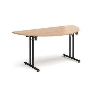Semi circular folding leg table with black legs and straight foot rails 1600mm x 800mm beech - SFL1600S-K-B