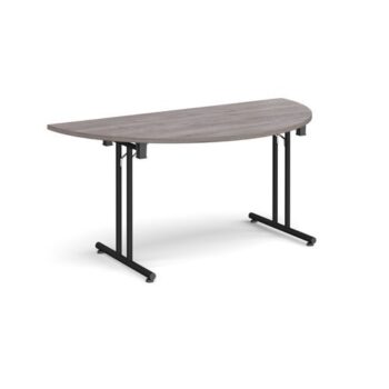 Semi circular folding leg table with black legs and straight foot rails 1600mm x 800mm grey oak - SFL1600S-K-GO