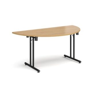 Semi circular folding leg table with black legs and straight foot rails 1600mm x 800mm oak - SFL1600S-K-O