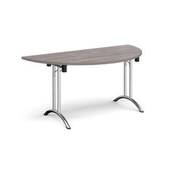 Semi circular folding leg table with chrome legs and curved foot rails 1600mm x 800mm grey oak - CFL1600S-C-GO