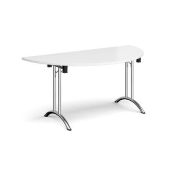 Semi circular folding leg table with chrome legs and curved foot rails 1600mm x 800mm white - CFL1600S-C-WH