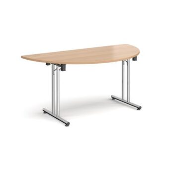 Semi circular folding leg table with chrome legs and straight foot rails 1600mm x 800mm beech - SFL1600S-C-B