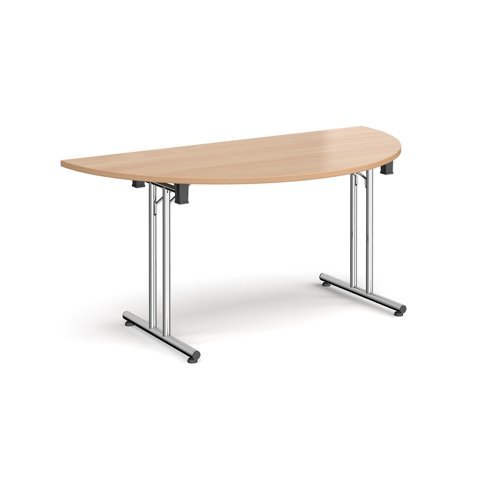 Semi circular folding leg table with chrome legs and straight foot rails 1600mm x 800mm beech - SFL1600S-C-B