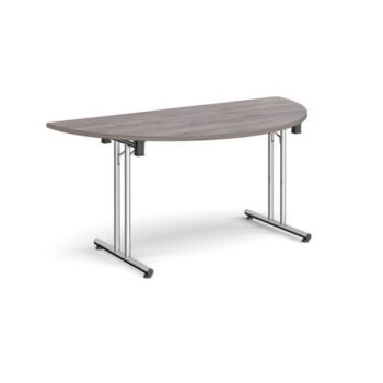 Semi circular folding leg table with chrome legs and straight foot rails 1600mm x 800mm grey oak - SFL1600S-C-GO
