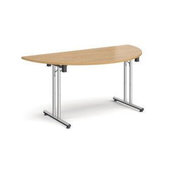 Semi circular folding leg table with chrome legs and straight foot rails 1600mm x 800mm oak - SFL1600S-C-O