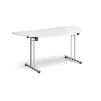 Semi circular folding leg table with chrome legs and straight foot rails 1600mm x 800mm white - SFL1600S-C-WH