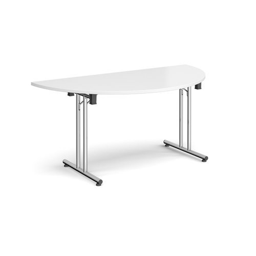Semi circular folding leg table with chrome legs and straight foot rails 1600mm x 800mm white - SFL1600S-C-WH