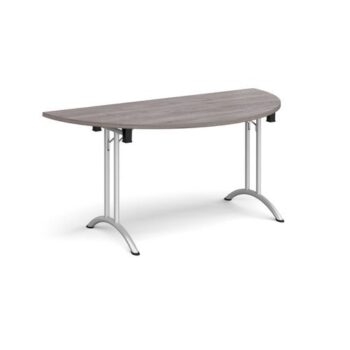 Semi circular folding leg table with silver legs and curved foot rails 1600mm x 800mm grey oak - CFL1600S-S-GO
