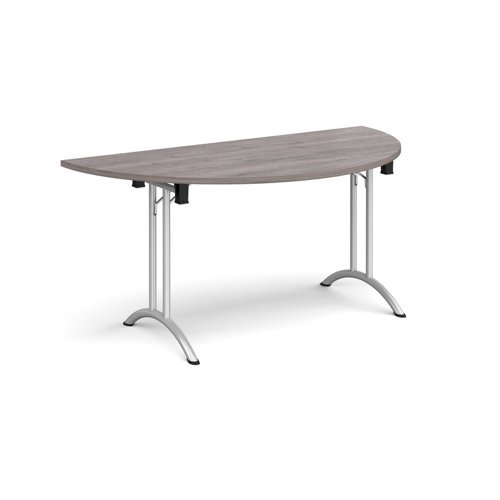 Semi circular folding leg table with silver legs and curved foot rails 1600mm x 800mm grey oak - CFL1600S-S-GO