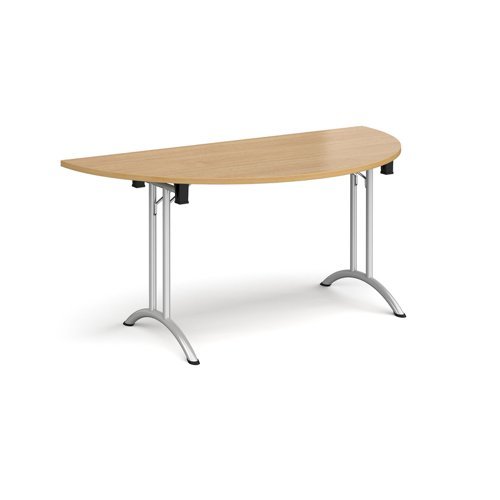 Semi circular folding leg table with silver legs and curved foot rails 1600mm x 800mm oak - CFL1600S-S-O