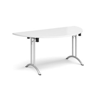 Semi circular folding leg table with silver legs and curved foot rails 1600mm x 800mm white - CFL1600S-S-WH