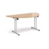 Semi circular folding leg table with silver legs and straight foot rails 1600mm x 800mm beech - SFL1600S-S-B