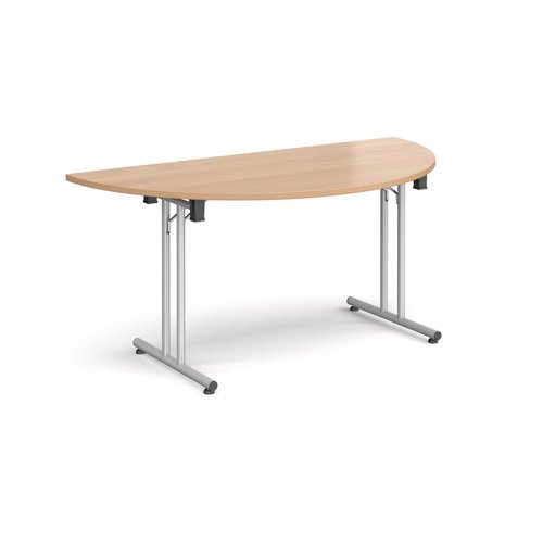 Semi circular folding leg table with silver legs and straight foot rails 1600mm x 800mm beech - SFL1600S-S-B