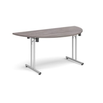 Semi circular folding leg table with silver legs and straight foot rails 1600mm x 800mm grey oak - SFL1600S-S-GO