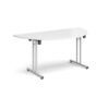 Semi circular folding leg table with silver legs and straight foot rails 1600mm x 800mm white - SFL1600S-S-WH