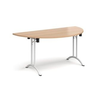 Semi circular folding leg table with white legs and curved foot rails 1600mm x 800mm beech - CFL1600S-WH-B