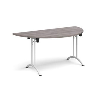 Semi circular folding leg table with white legs and curved foot rails 1600mm x 800mm grey oak - CFL1600S-WH-GO