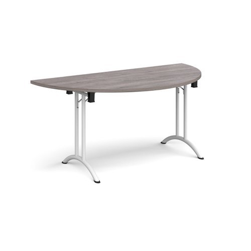 Semi circular folding leg table with white legs and curved foot rails 1600mm x 800mm grey oak - CFL1600S-WH-GO