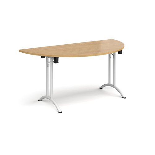 Semi circular folding leg table with white legs and curved foot rails 1600mm x 800mm oak - CFL1600S-WH-O