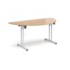 Semi circular folding leg table with white legs and straight foot rails 1600mm x 800mm beech - SFL1600S-WH-B