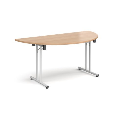 Semi circular folding leg table with white legs and straight foot rails 1600mm x 800mm beech - SFL1600S-WH-B