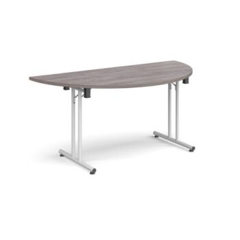 Semi circular folding leg table with white legs and straight foot rails 1600mm x 800mm grey oak - SFL1600S-WH-GO