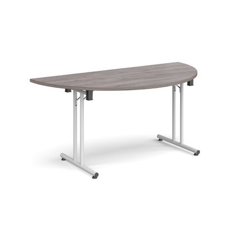 Semi circular folding leg table with white legs and straight foot rails 1600mm x 800mm grey oak - SFL1600S-WH-GO