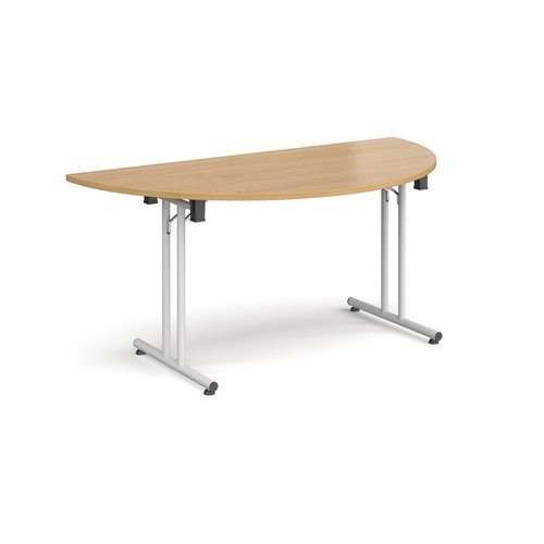 Semi circular folding leg table with white legs and straight foot rails 1600mm x 800mm oak - SFL1600S-WH-O